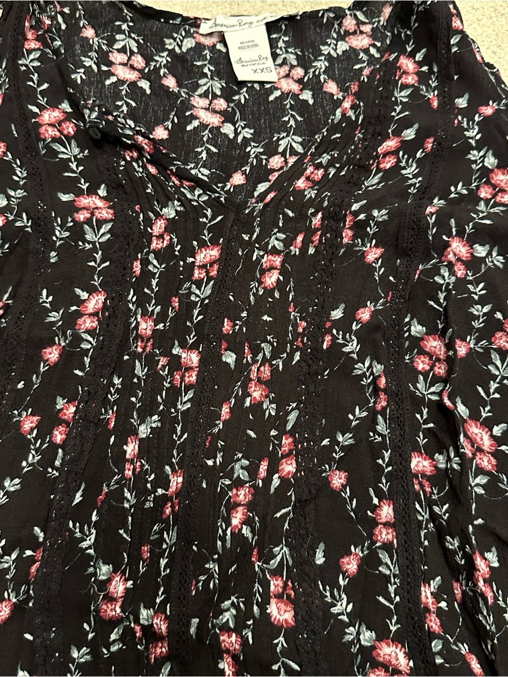 American Rag Black Floral Pintuck Peasant Tunic